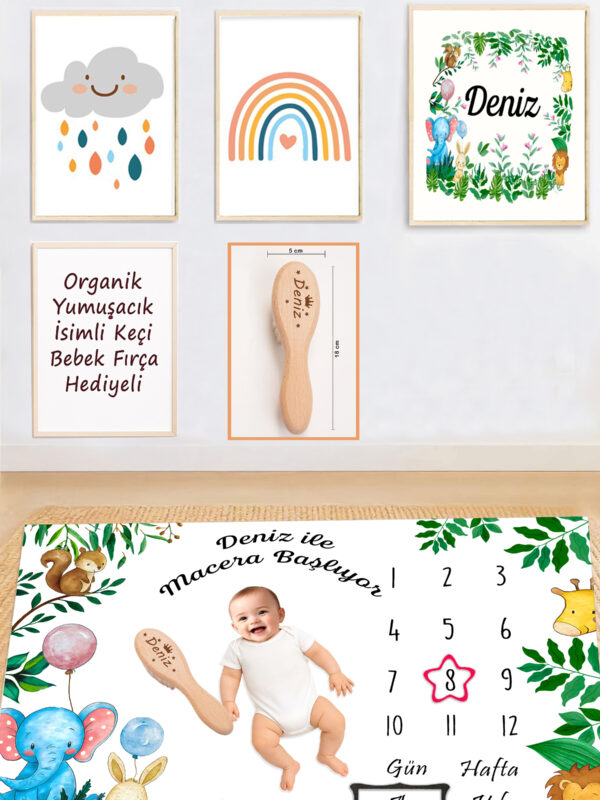 Kız Erkek Bebek Hediyelik İsimli Anı Battaniyesi, Organik Fırca Hediye Set STL7047