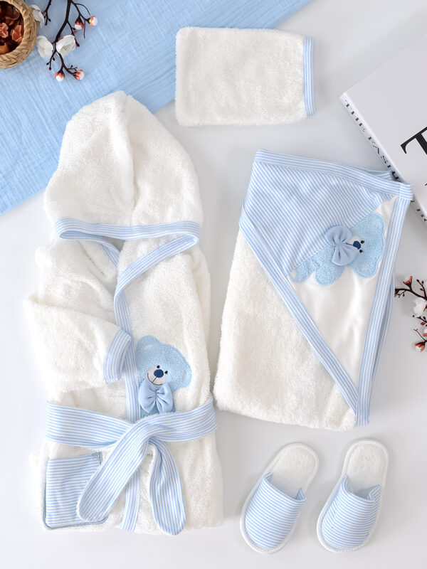 Erkek Bebek Bear Bornoz Takımı  Havlu Seti % 100 Pamuk Kumaş 0- 2 Yaş STL6986