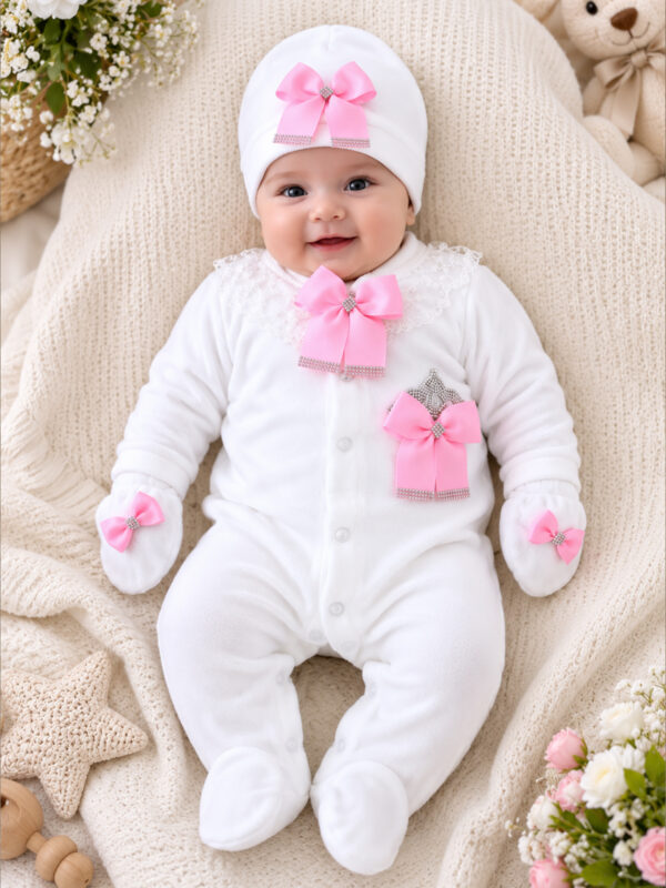 Kız Bebek Kadife Kışlık Fiyong Taşlı Lüks Tulum Seti Premium Yenidoğan 0-3 Ay STL7247