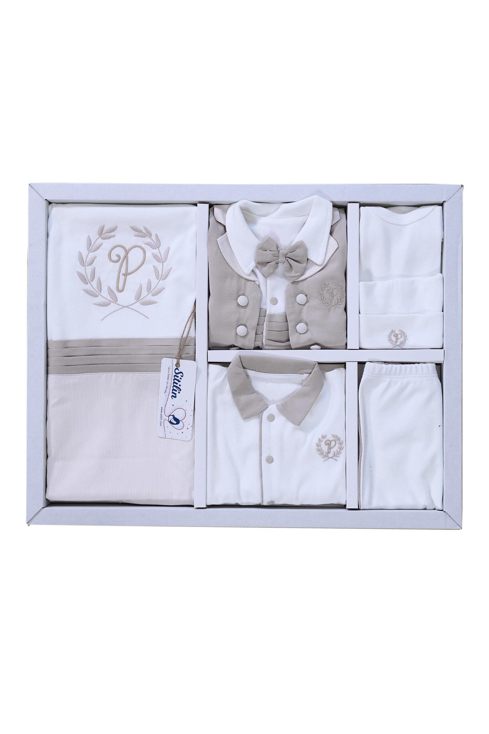 Erkek Bebek Kahverengi Hastane Çıkışı Papyon Yelekli 10 Lu Set STL6452
