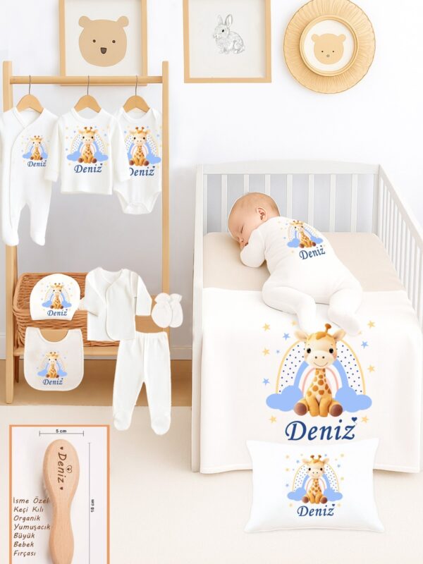 Kız Bebek %100 Pamuk Organik İsim Baskılı Yenidoğan Hastane Çıkışı Fırça Bebek Hediye Seti STL7147