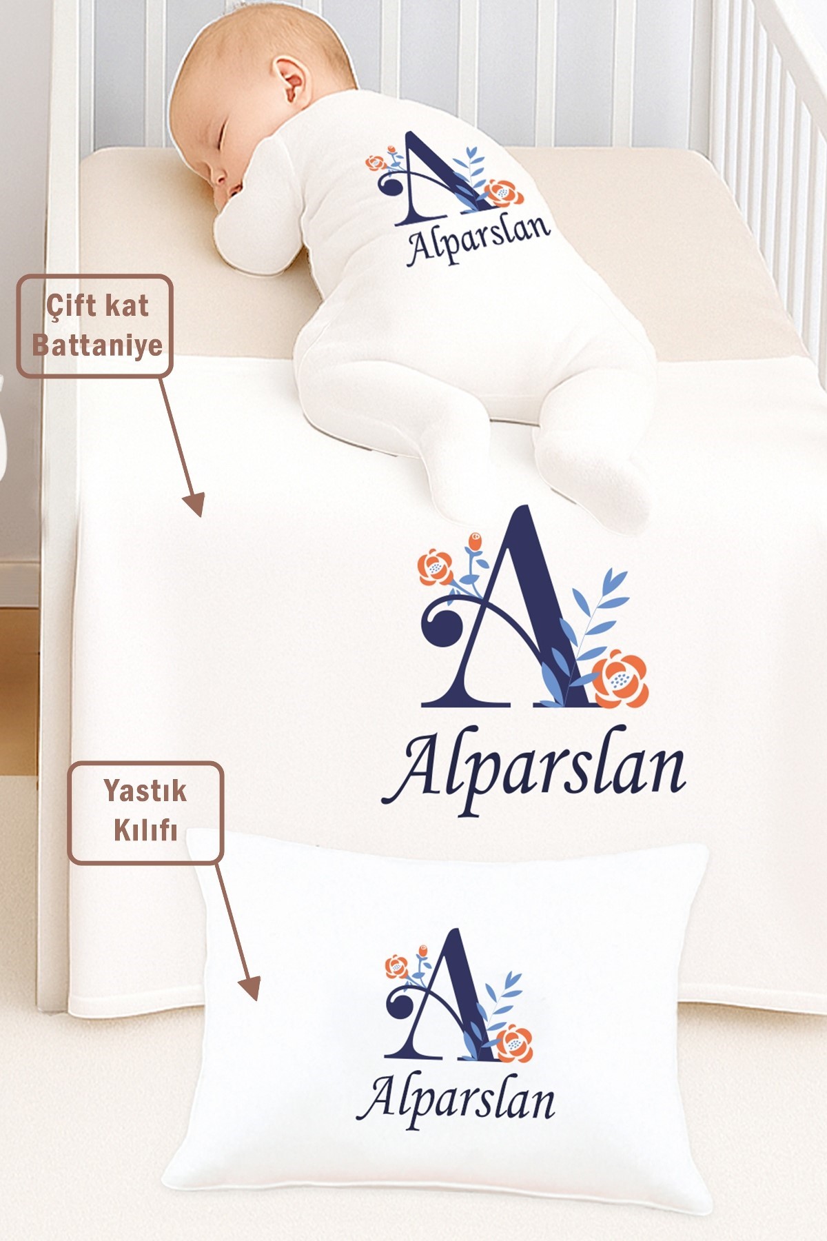 Erkek Bebek %100 Pamuk Organik İsim Baskılı Yenidoğan Hastane Çıkışı Fırça Bebek Hediye Seti STL7151 - Görsel 6