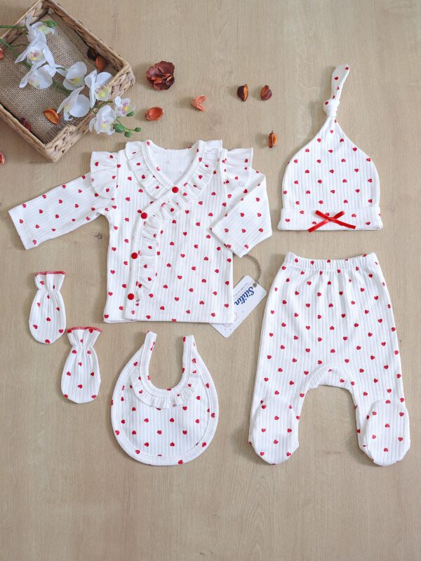 Kız Bebek Beyaz Kalpli Lüks Süslü 5 Li Hastane Çıkışı Yenidoğan Set STL6231