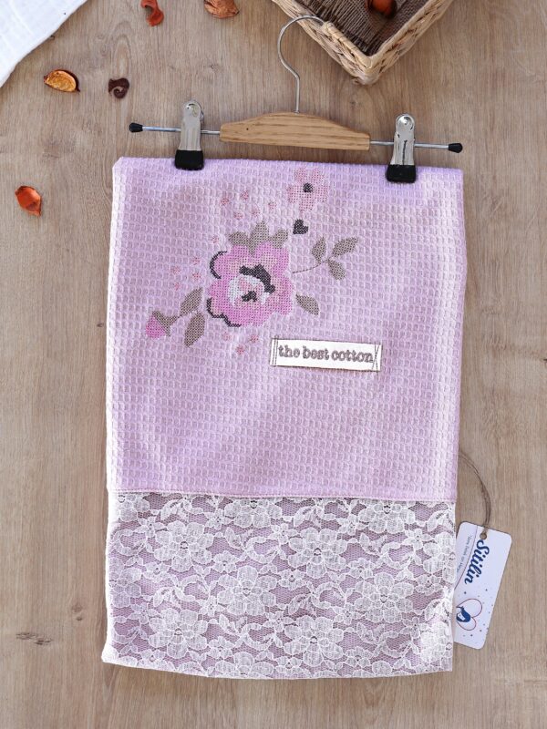 Kız Bebek Çift Katlı Kanaviçe ve Dantel Detaylı Natural Penye Battaniye STL6593