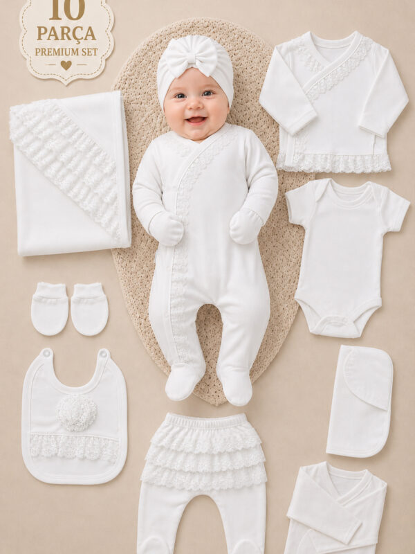 Kız Bebek Dantelli Lüks 10 Lu Hastane Çıkışı Set STL6194