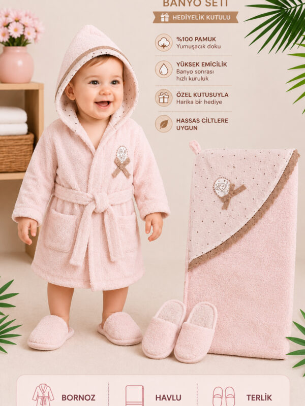 Kız Bebek Pembe Lüks Premium Dantelli Bornoz Havlu Takımı %100 Pamuk yenidoğan Hediye Seti STL7206
