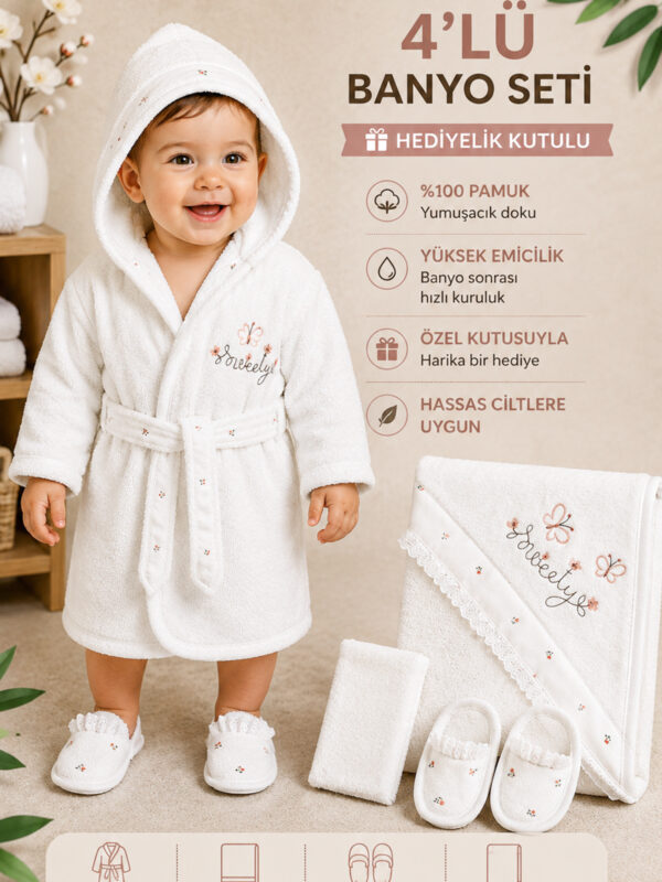 Kız Bebek Lüks Premium Dantelli Bornoz Havlu Takımı %100 Pamuk yenidoğan Hediye Seti STL7213