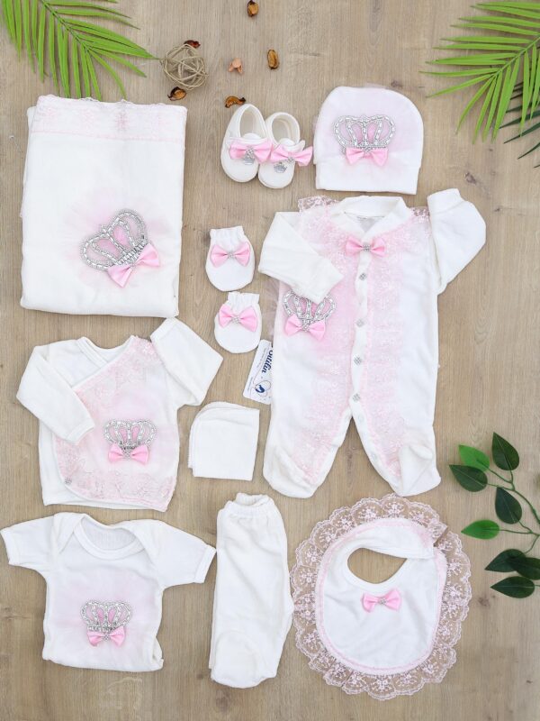 Kız Bebek Melek Kanatlı Kadife Kumaş Beyaz Dantelli Taşlı Lüks 10 Lu Hastane Çıkışı Set STL6927
