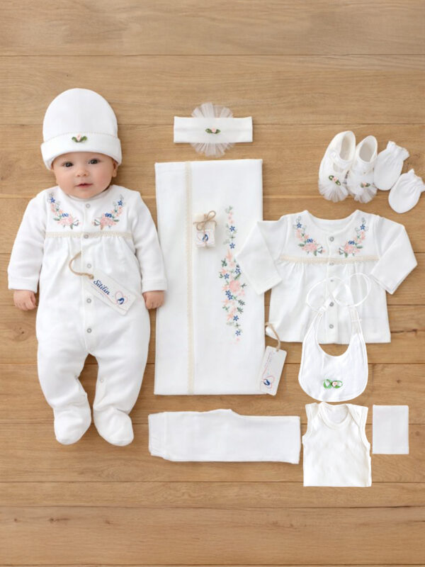 Kız Bebek Natural Kanaviçe Ekru Hastane Çıkışı Sitilin Kutulu Bebek Hediye Seti. STL11007