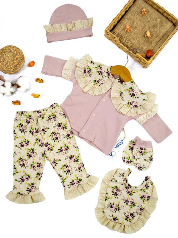 Kız Bebek Natural Pamuk Kumaş 5 Li Fistolu Lüks Süslü Hastane Çıkışı Seti STL6676
