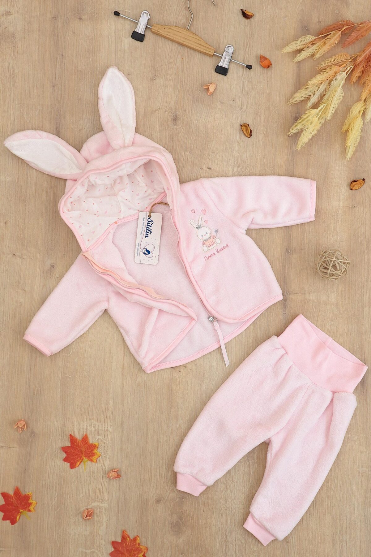 Kız Bebek Peluş 2 Li Kapişonlu Takım Seti STL6781