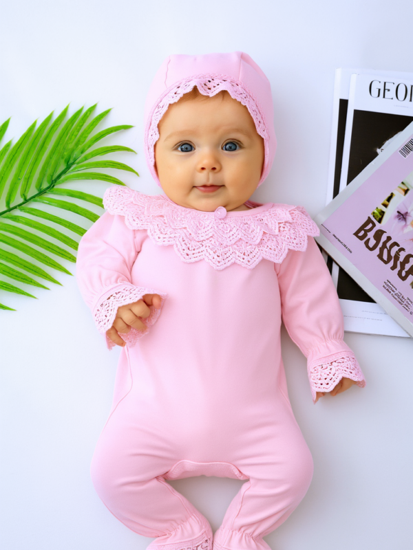 Kız Bebek Pembe Dantelli Lüks Bebek Hastane Çıkışı Mevlüt ve Özel Günler İçin Harika Tulum Set STL6659