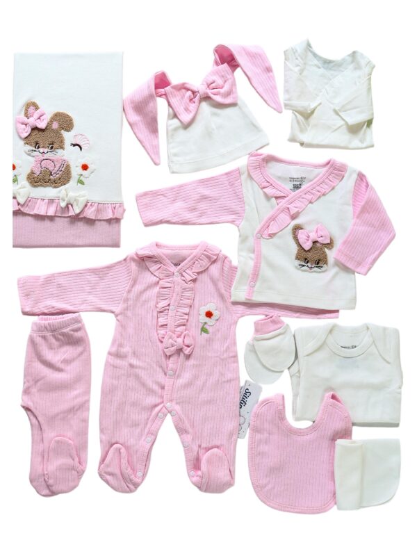 Kız Bebek Pembe Natıral Pamuk Kumaş Dantelli Lüks 10 Lu Hastane Çıkışı Set STL6450