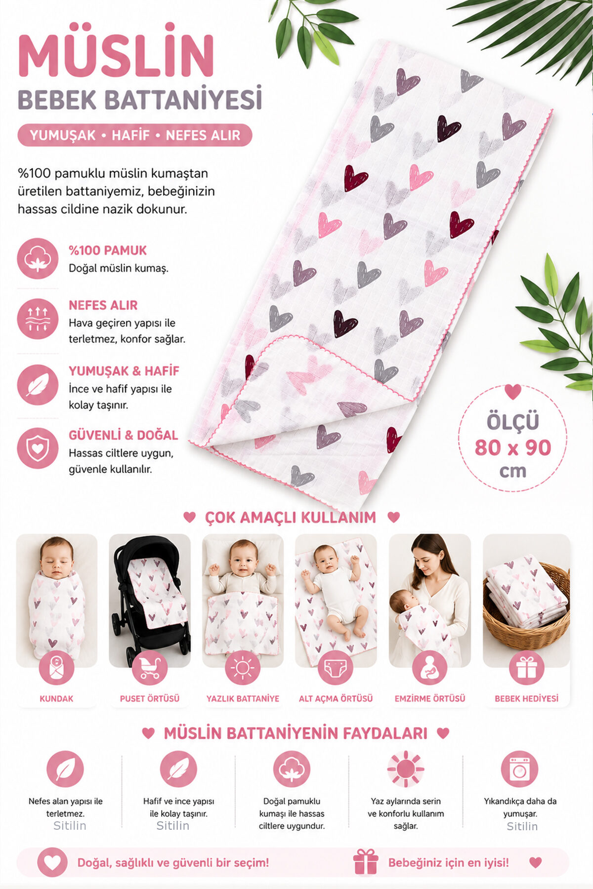 Kız Bebek Tek Kat Müslin Kundak Battaniye Ponponlu Yazlık Puset Örtüsü Bebek Hediyesi STL7202 - Görsel 2