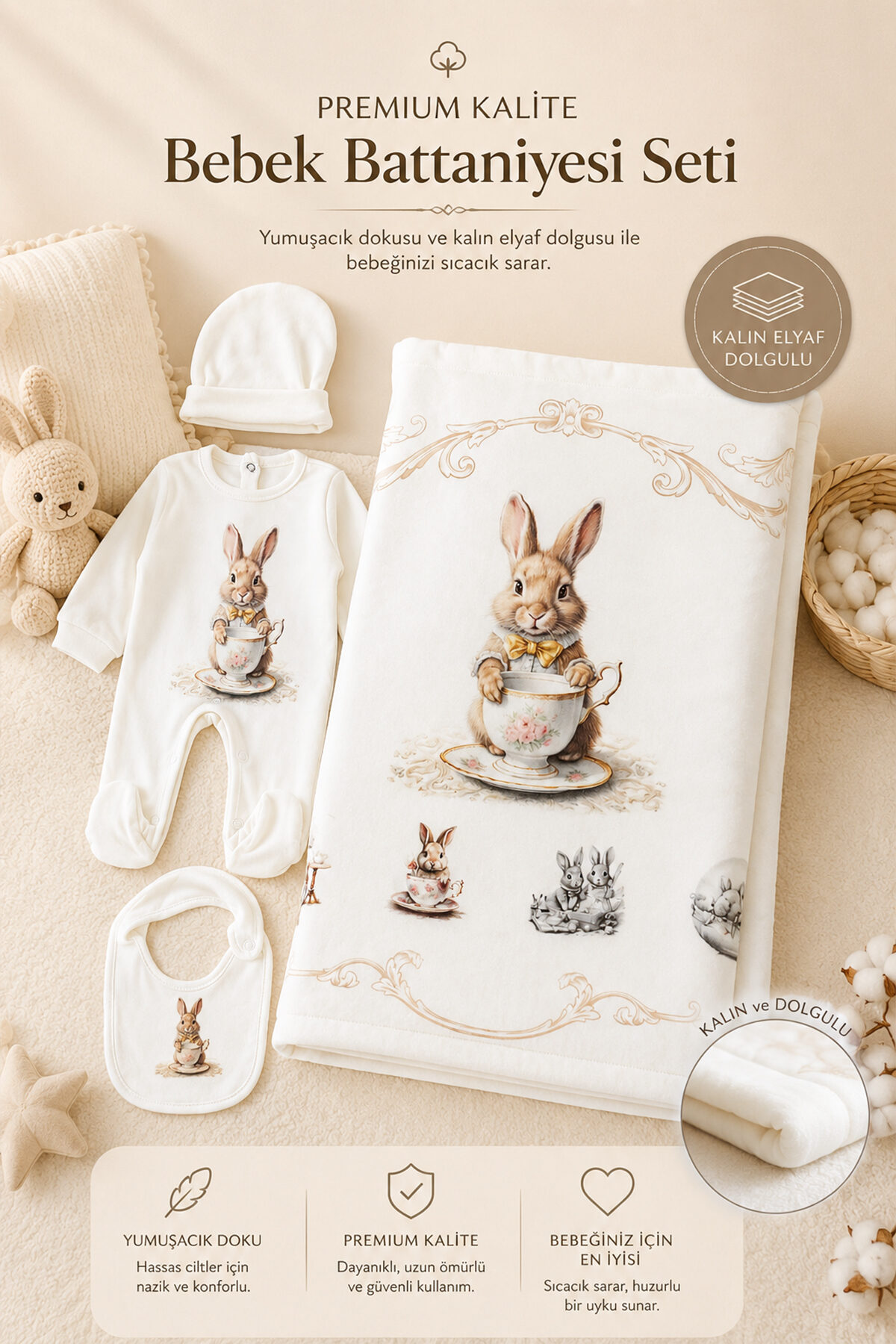 Kız Erkek Bebek Atelier Premium 4'lü Hastane Çıkışı Seti Dolgulu Battaniyeli Yenidoğan Seti STL7227 - Görsel 3
