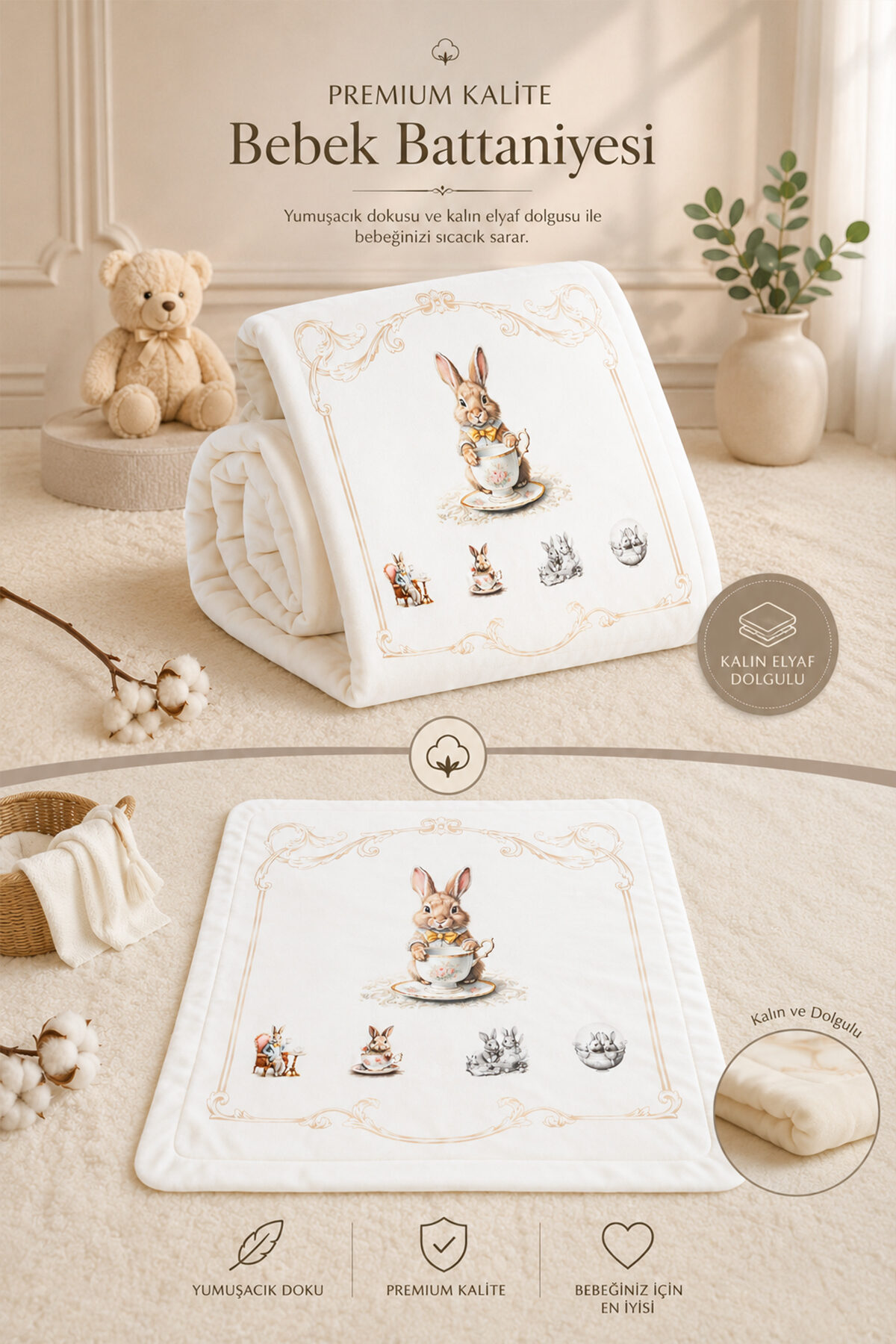 Kız Erkek Bebek Atelier Premium 4'lü Hastane Çıkışı Seti Dolgulu Battaniyeli Yenidoğan Seti STL7227 - Görsel 4