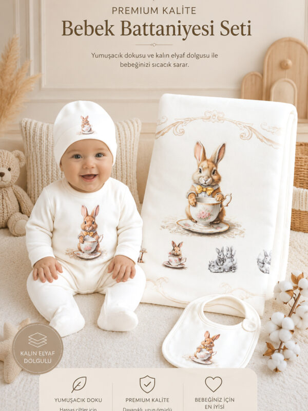 Kız Erkek Bebek Atelier Premium 4'lü Hastane Çıkışı Seti Dolgulu Battaniyeli Yenidoğan Seti STL7227