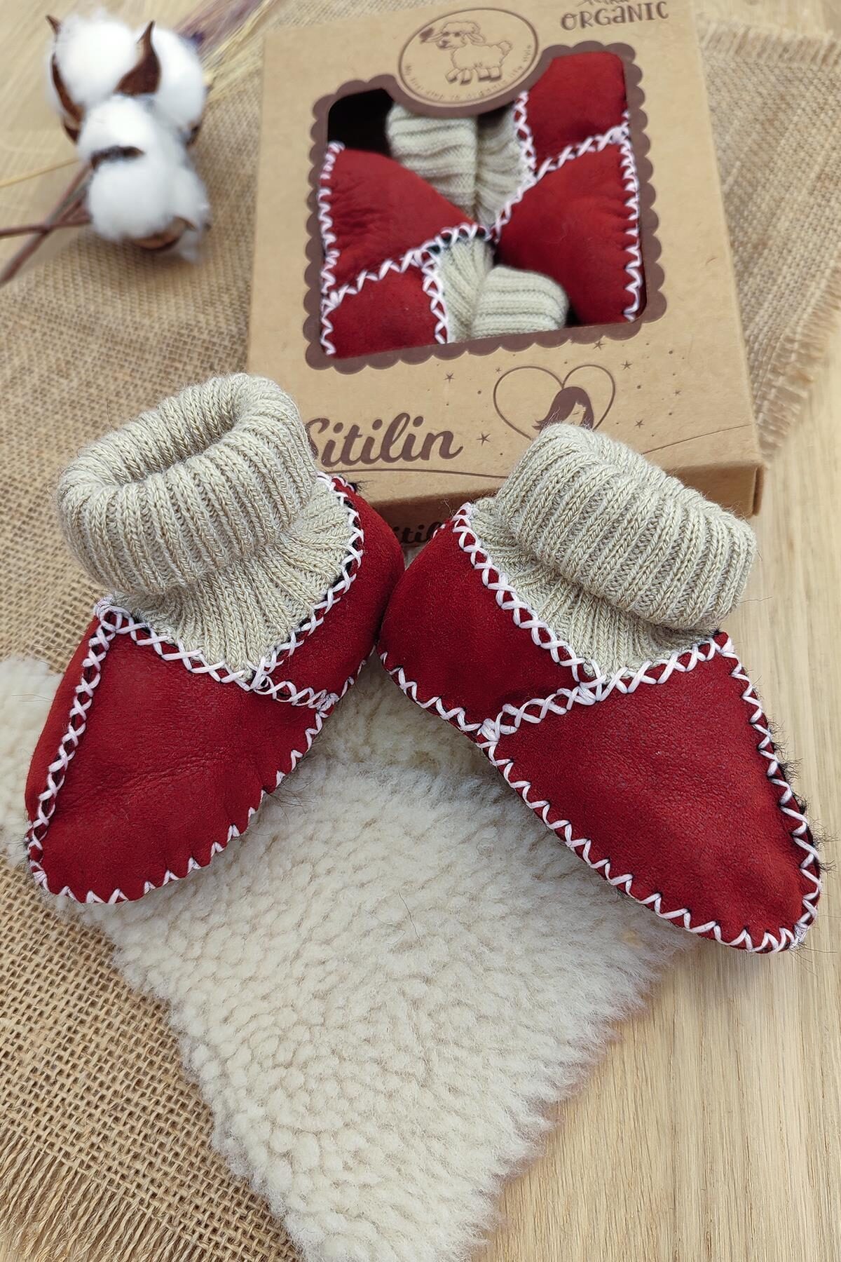 Sitilin Organik Deri Unisex Bebek Patik İçi Yünlü Doğal Bebek Çorap STL6047